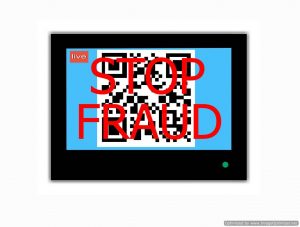 Modern LCD screen with sign QR CODE  and slogan STOP  FRAUD