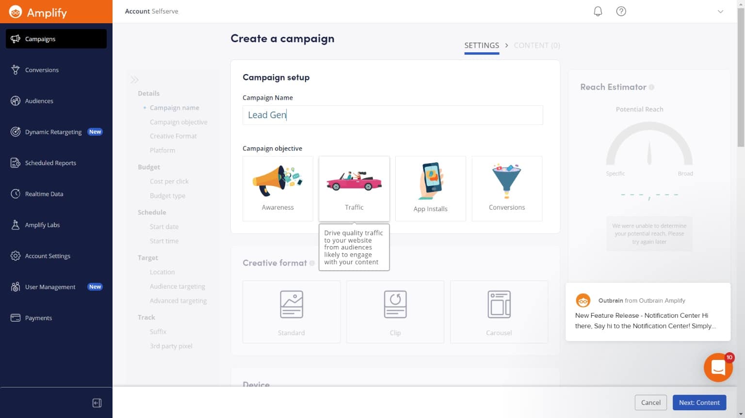 Create New Campaign On Outbrain